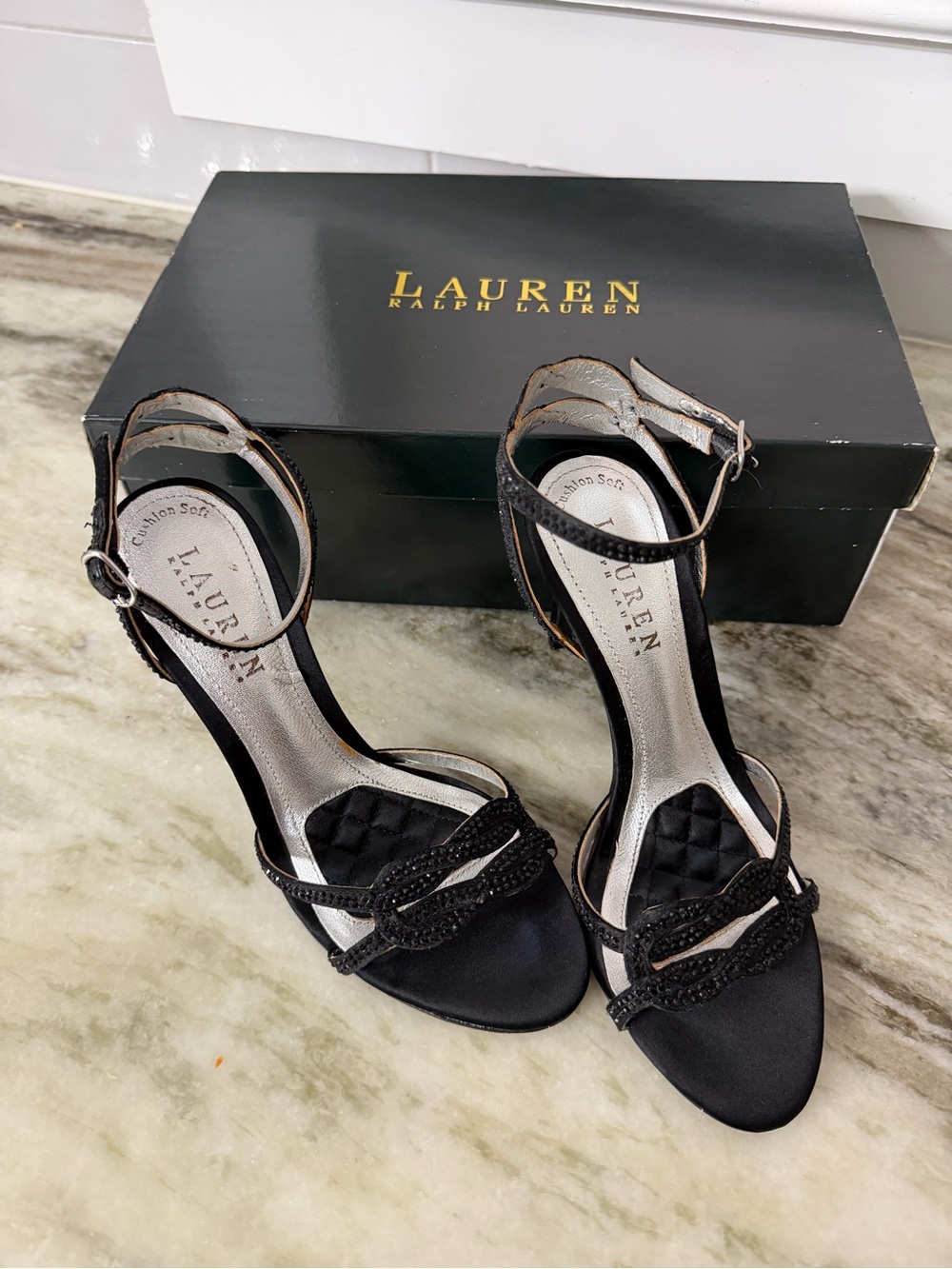 Lauren Ralph Lauren Black Satin T-Strap Dress Sandals